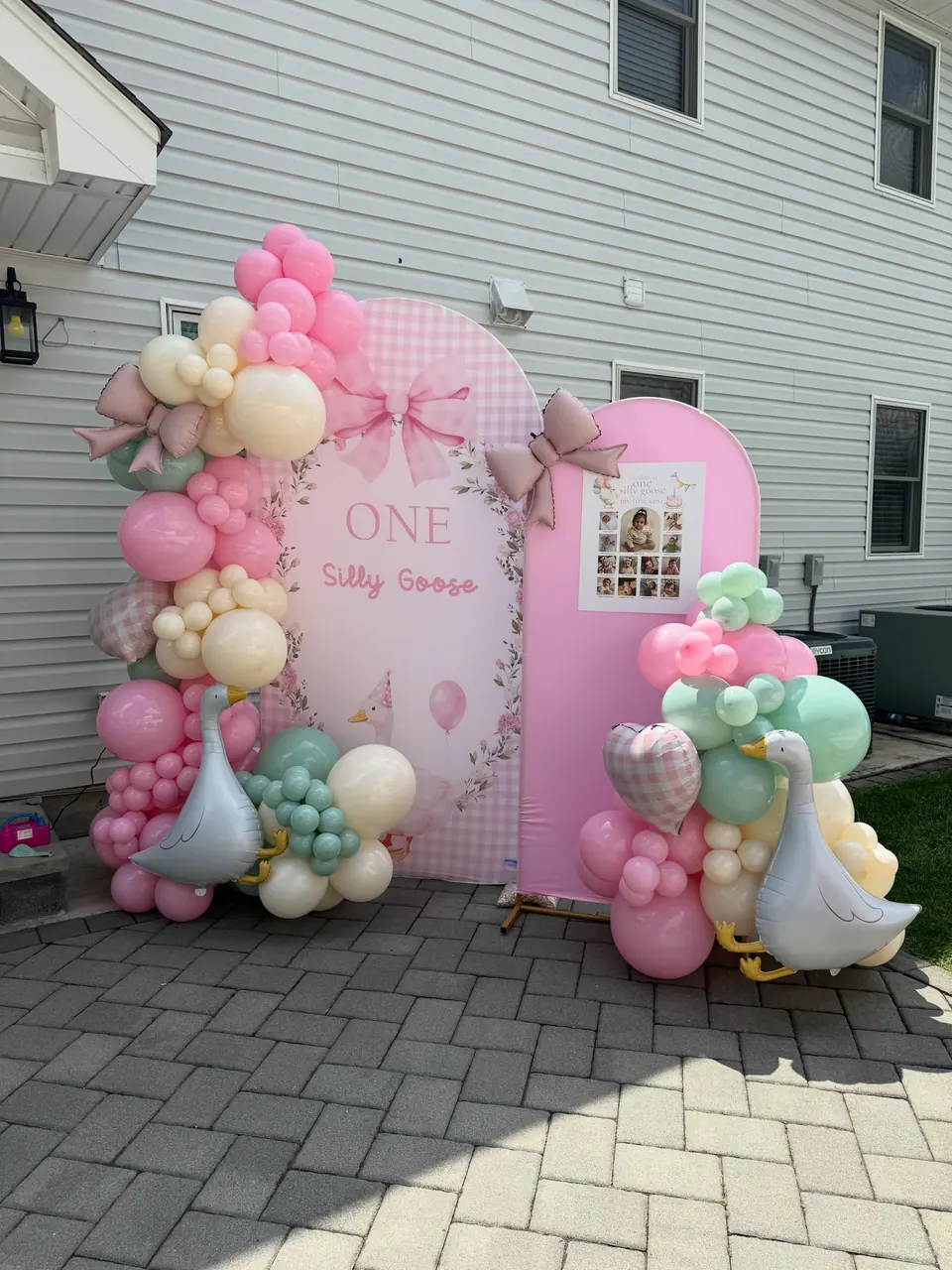One Silly Goose first birthday garland in soft pink and gingham