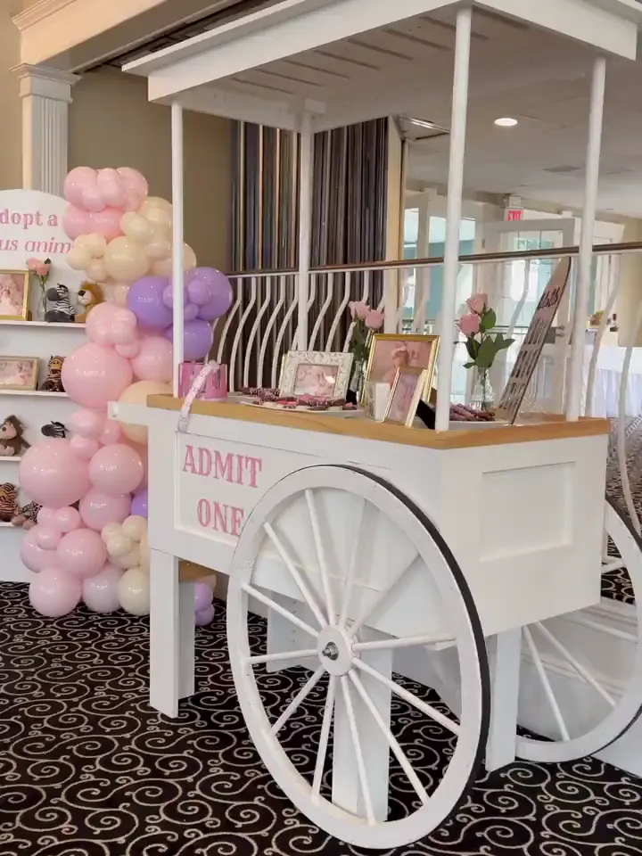 Pastel pink, lavender and cream balloon garland beside a white circus dessert cart for a first birthday